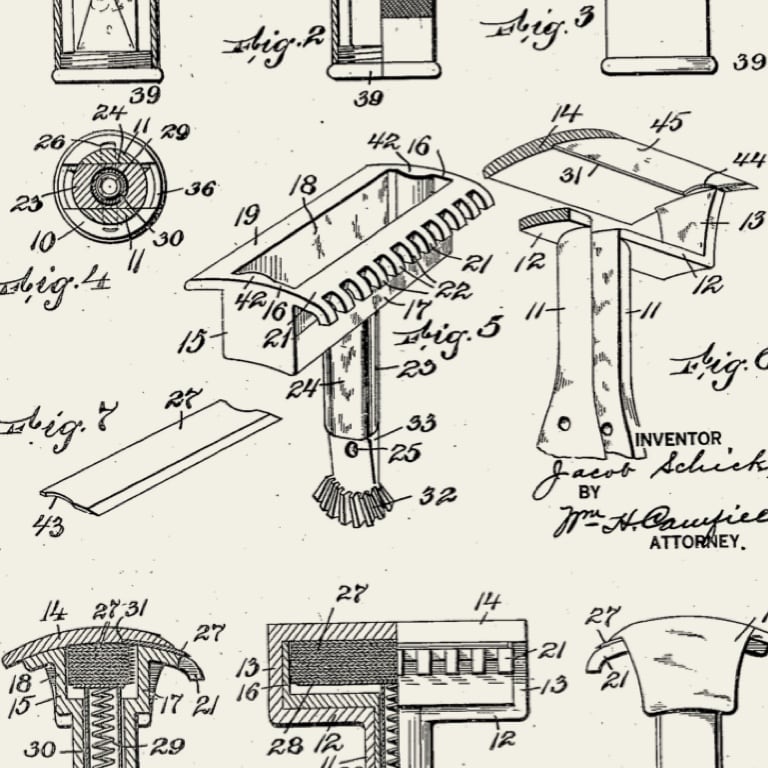 A vintage patent-style technical drawing sheet showing multiple labeled views and cross-sections of a tool or hardware component, with handwritten inventor and attorney signatures on an off-white background.