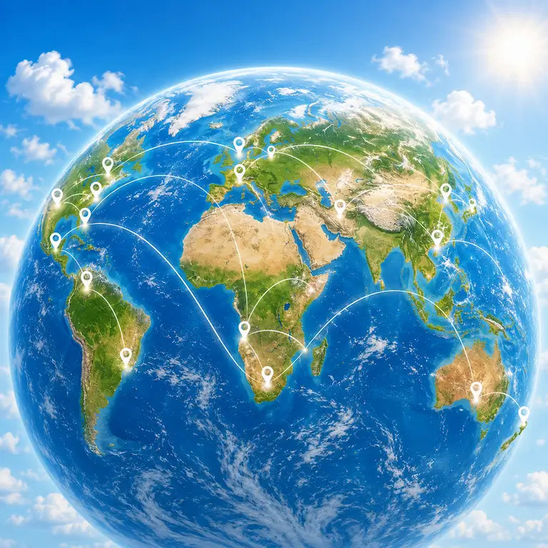 A digital illustration of a globe showing the continents and blue oceans under a bright sky with clouds and a sun, overlaid with white network lines and location pin icons.